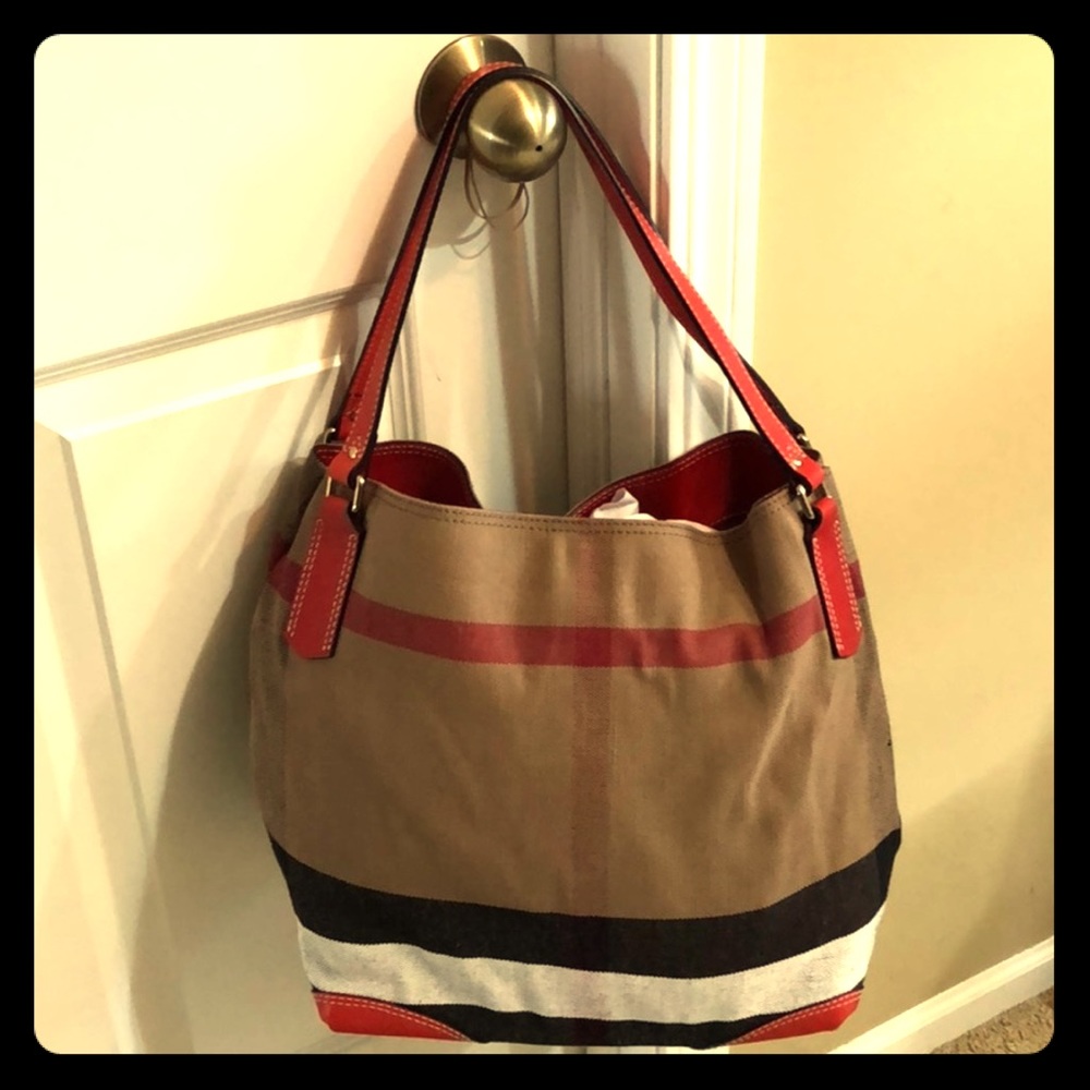 Authentic Burberry Medium Check Tote with Red